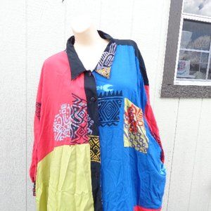 Vintage BOP Rayon Colorblock 4X Button Front 1990s Red Blue Abstract Shirt